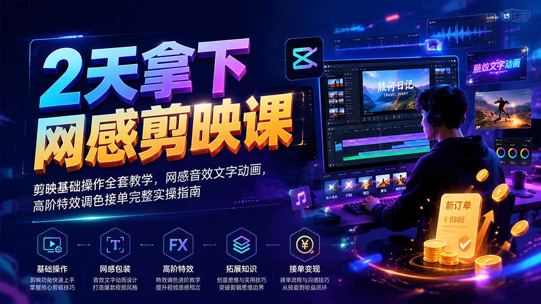 2天拿下网感剪辑课｜剪映基础操作全套教学，网感音效文字动画，高阶特效调色接单完整实操指南-伊亚库