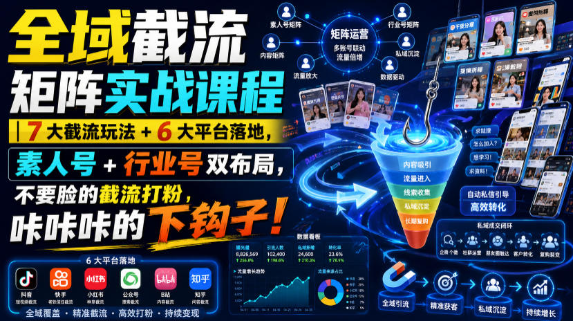 全域截流矩阵实战课程｜7大截流玩法+6大平台落地，素人号+行业号双布局，不要脸的截流打粉，咔咔咔的下钩子！-伊亚库