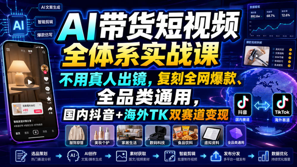 AI带货短视频全体系实战课，不用真人出镜，复刻全网爆款、全品类通用，国内抖音+海外TK双赛道变现-伊亚库