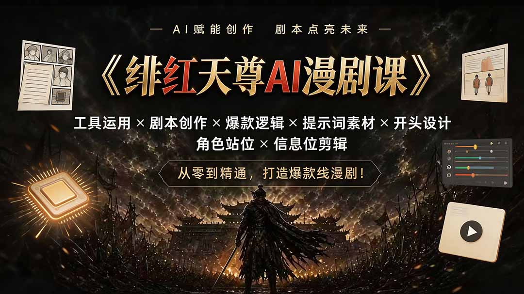 绯红天尊AI漫剧课｜工具运用×剧本创作×爆款逻辑×提示词素材×开头设计×角色站位×信息位剪辑-伊亚库