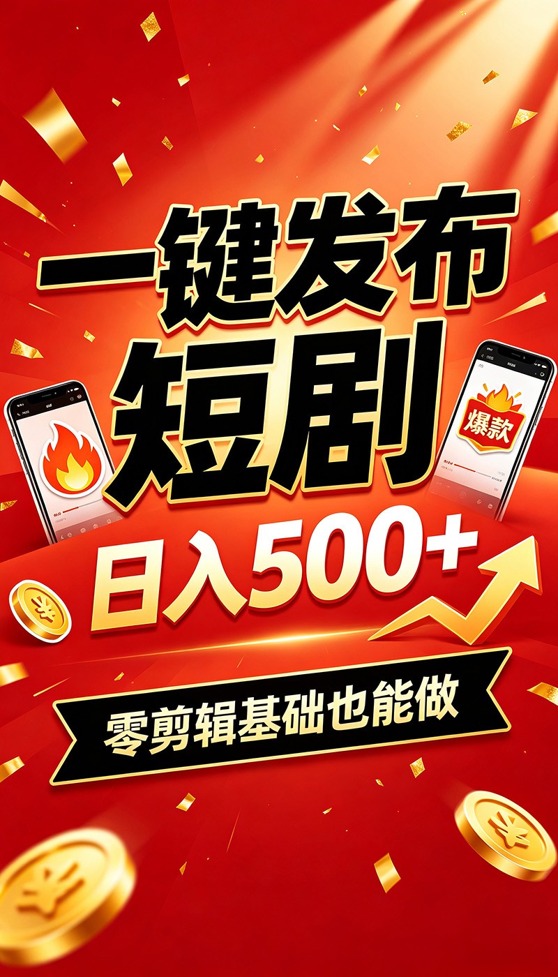 快手短剧一键发布，不用剪辑操作简单，副业日入500+。空闲时间轻松赚收益-伊亚库