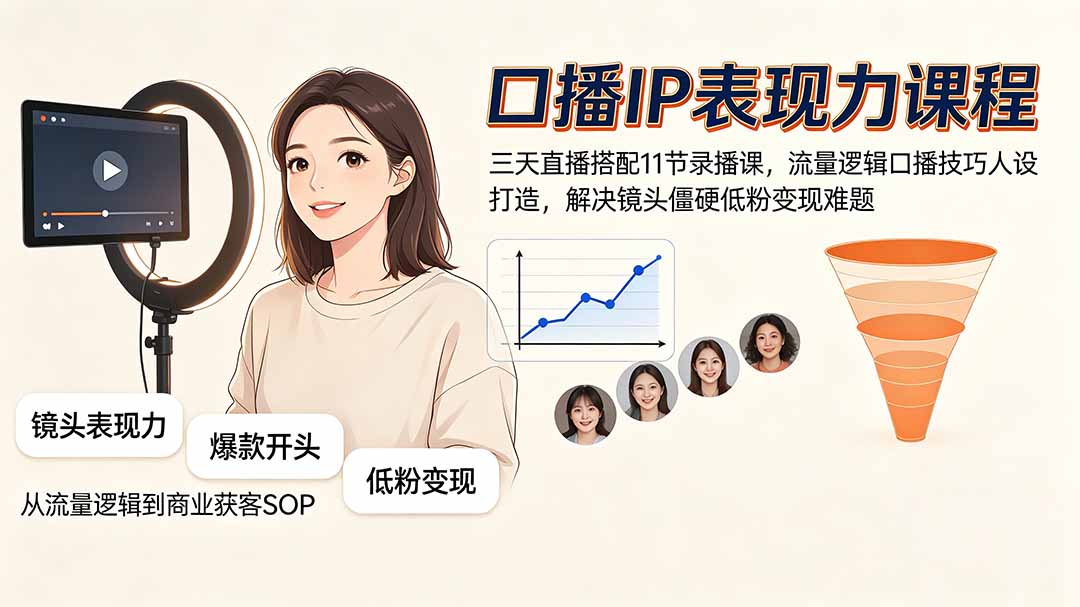口播IP表现力课程｜三天直播搭配11节录播课，流量逻辑口播技巧人设打造，解决镜头僵硬低粉变现难题-伊亚库