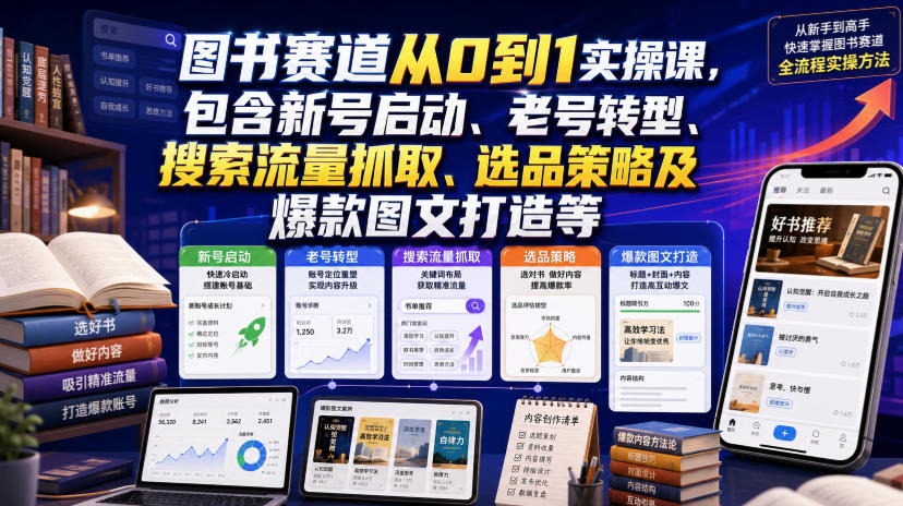 图书赛道从0到1实操课，包含新号启动、老号转型、搜索流量抓取、选品策略及爆款图文打造等-伊亚库