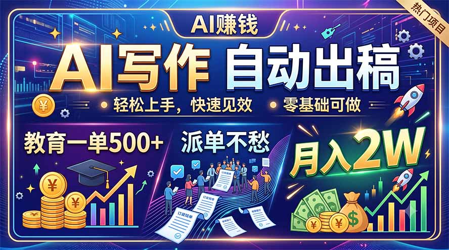 AI写作自动出稿，教育一单500+，派单不愁，月入2W-伊亚库