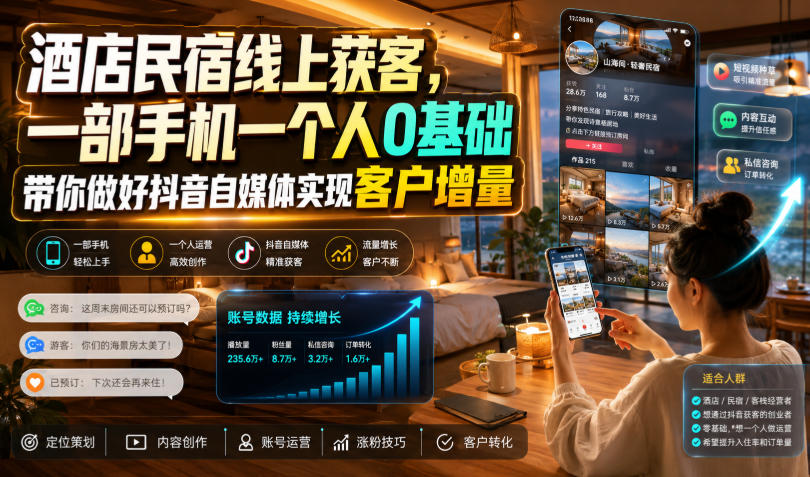 酒店民宿线上获客，一部手机一个人0基础带你做好抖音自媒体实现客户增量-伊亚库