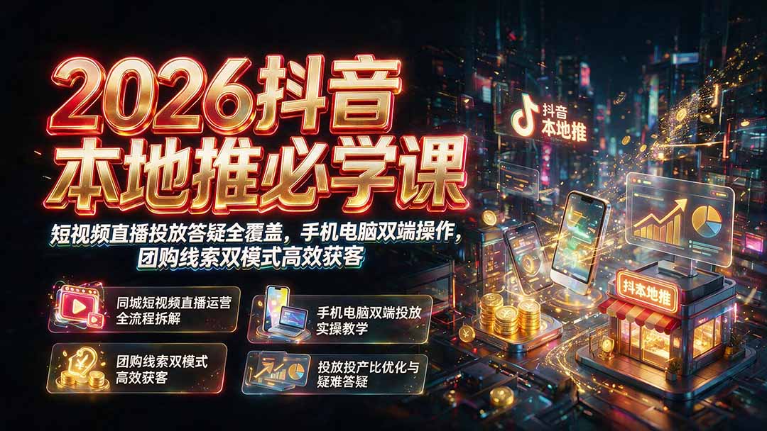 2026抖音本地推必学课｜短视频直播投放答疑全覆盖，手机电脑双端操作，团购线索双模式高效获客-伊亚库