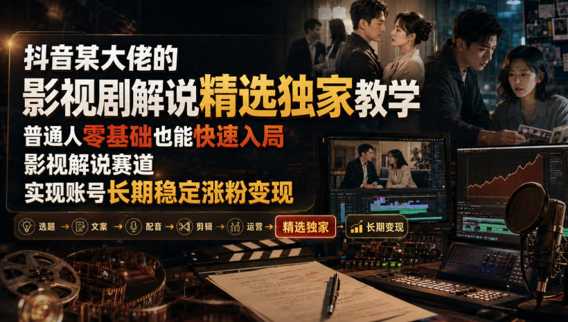 抖音某大佬的影视剧解说精选独家教学，普通人零基础也能快速入局影视解说赛道，实现账号长期稳定变现-伊亚库