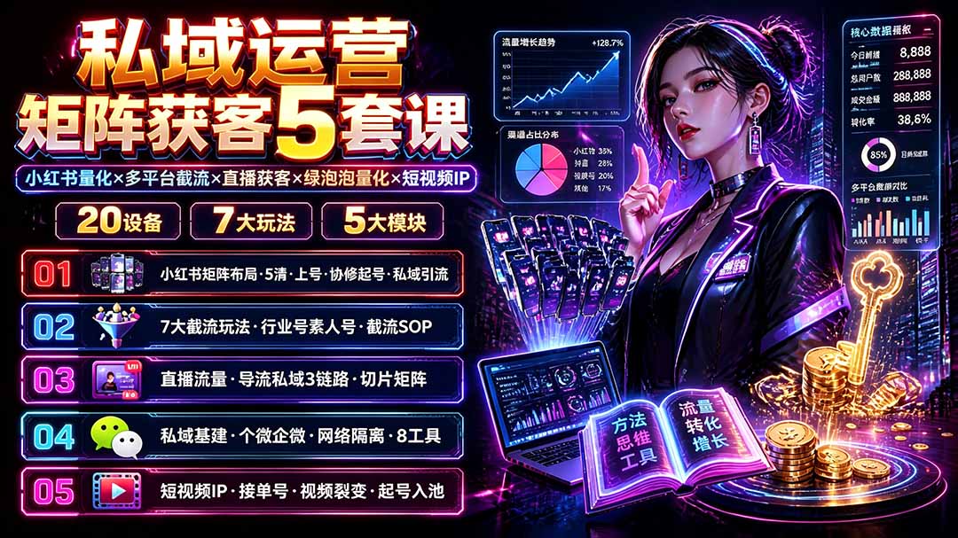 私域运营矩阵获客5套课：小红书量化×多平台截流×直播获客×绿泡泡量化×短视频IP×20设备×7大玩法-伊亚库