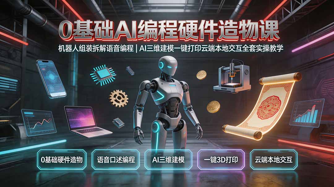 0基础AI编程硬件造物课｜机器人组装拆解语音编程，AI三维建模一键打印云端本地交互全套实操教学-伊亚库