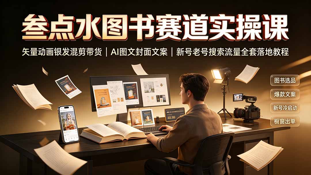 叁点水图书赛道实操课｜矢量动画银发混剪带货，AI图文封面文案，新号老号搜索流量全套落地教程-伊亚库
