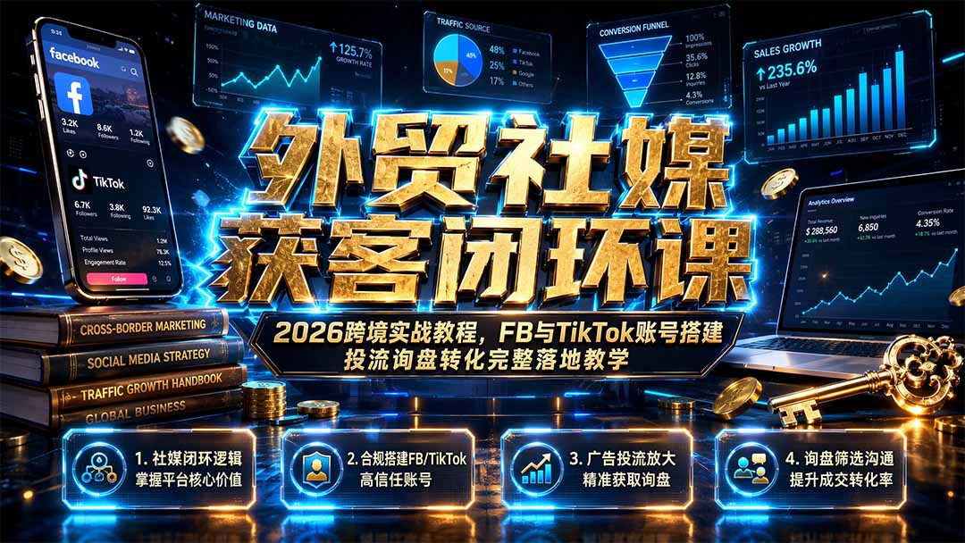 外贸社媒获客闭环课｜2026跨境实战教程，FB与TikTok账号搭建投流询盘转化完整落地教学-伊亚库