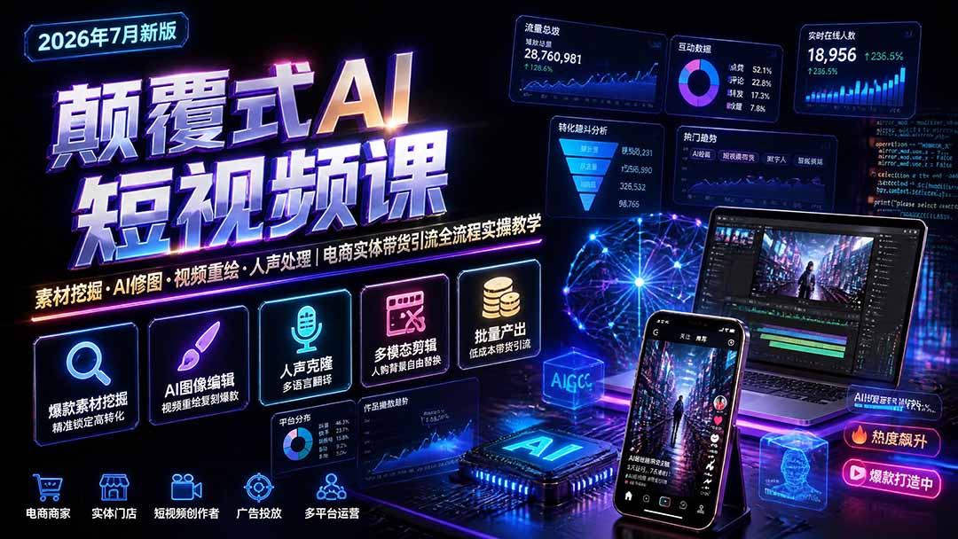 颠覆式AI短视频课｜素材挖掘，AI修图，视频重绘，人声处理｜电商实体带货引流全流程实操教学-伊亚库