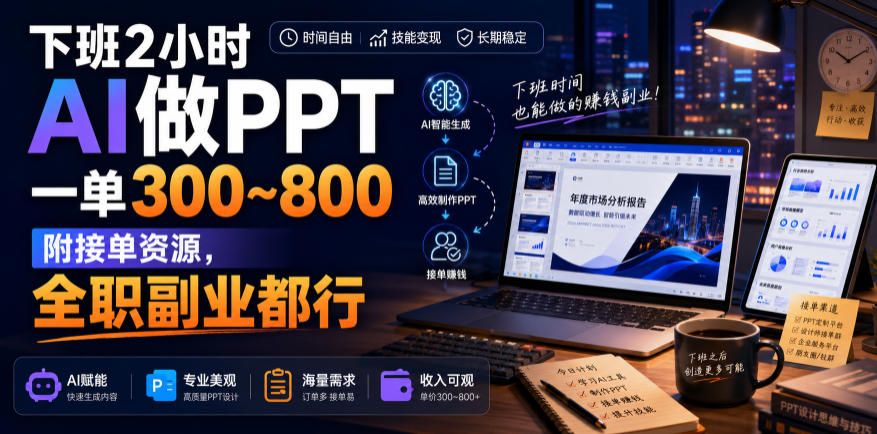 下班2小时AI做PPT，一单300~800，附接单资源，全职副业都行【揭秘】-伊亚库
