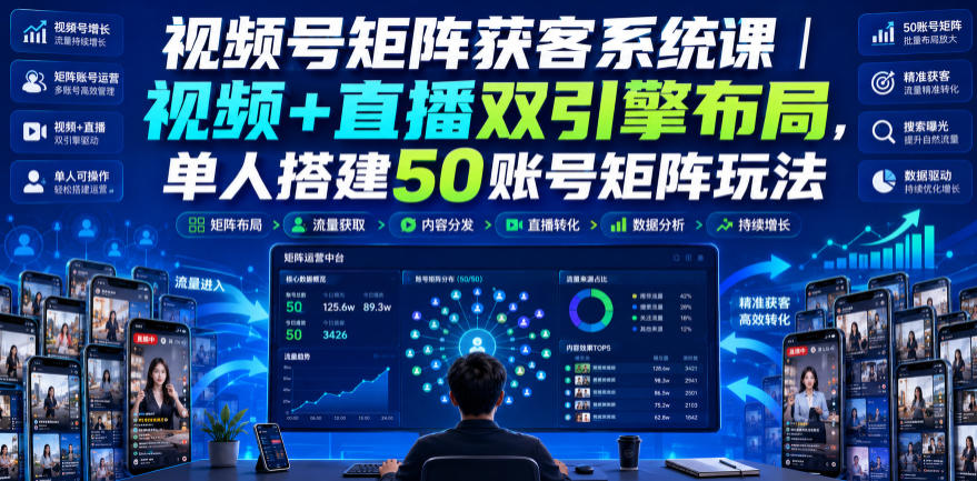 视频号矩阵获客系统课｜视频+直播双引擎布局，单人搭建50账号矩阵玩法，流量入池、搜索占位、全域引流沉淀私域全流程教学-伊亚库
