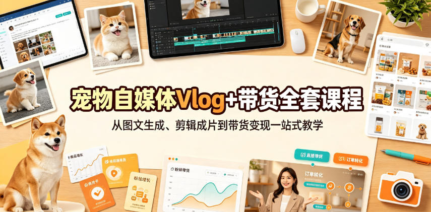 宠物自媒体Vlog+带货全套课程｜从图文生成、剪辑成片到带货变现一站式教学-伊亚库