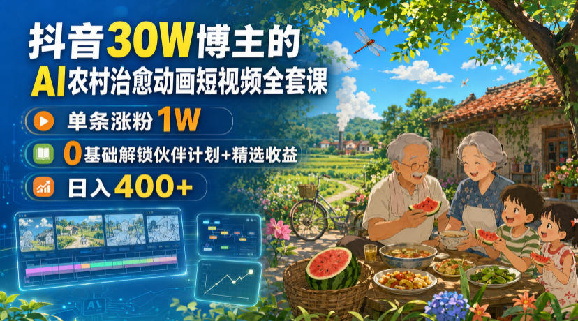 抖音30W博主的AI农村治愈动画短视频全套课｜单条涨粉1W，0基础解锁伙伴计划+精选收益，日入400+-伊亚库