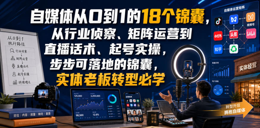 自媒体从0到1的18个锦囊，从行业侦察、矩阵运营到直播话术、起号实操，步步可落地的锦囊，实体老板转型必学-伊亚库