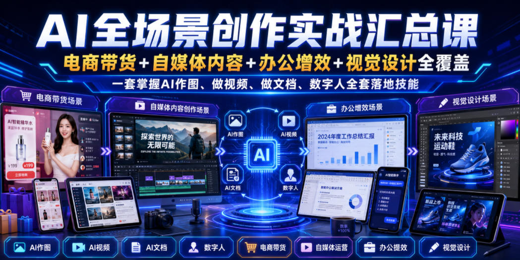 AI全场景创作实战汇总课｜电商带货+自媒体内容+办公增效+视觉设计全覆盖，一套掌握AI作图、做视频、做文档、数字人全套落地技能-伊亚库