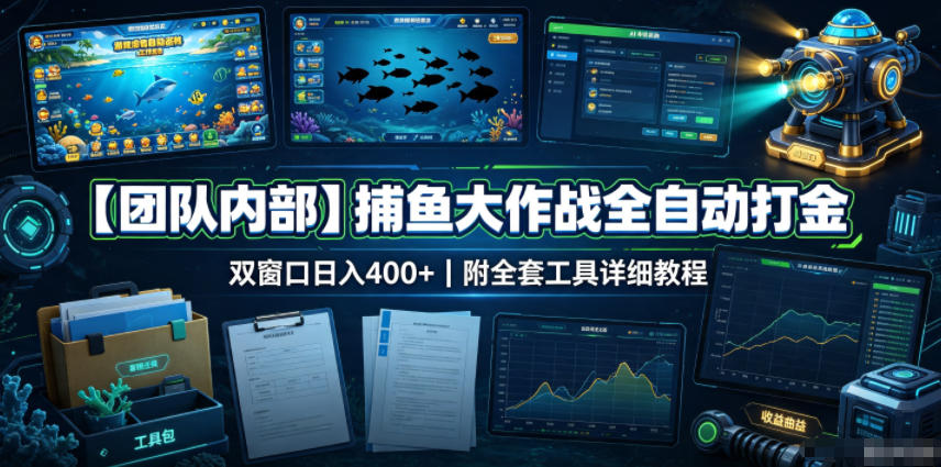 【团队内部】捕鱼大作战全自动打金，双窗口日入400+，附全套工具详细教程【揭秘】-伊亚库