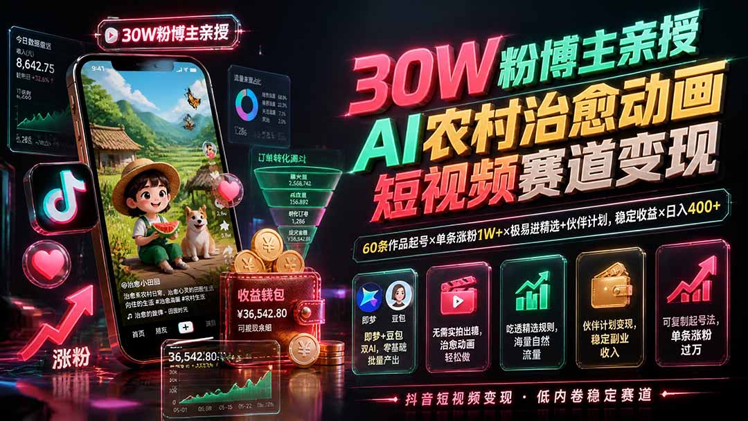 30W粉博主亲授AI农村治愈动画短视频赛道变现：60条作品起号×单条涨粉1W+×极易进精选+伙伴计划，稳定收益×日入400+-伊亚库