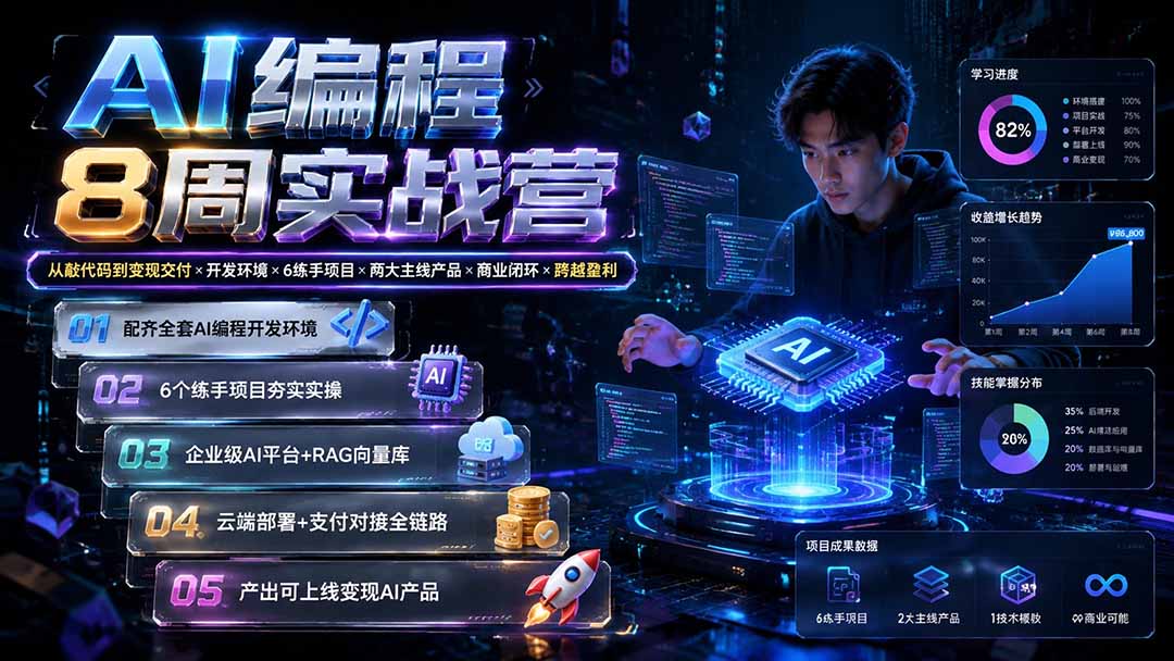 AI编程8周实战营：从敲代码到变现交付×开发环境×6练手项目×两大主线产品×商业闭环×跨越盈利-伊亚库