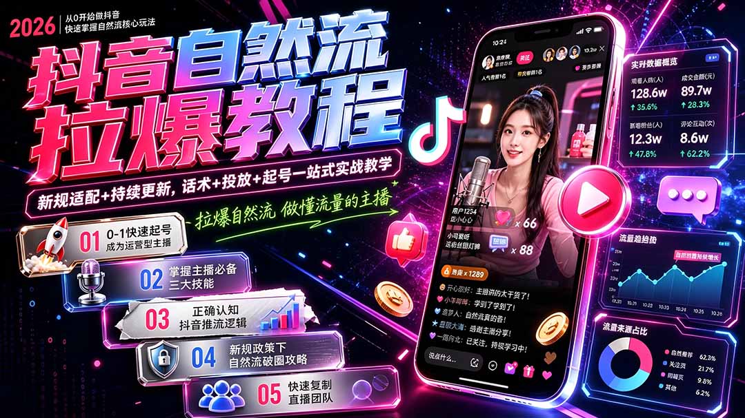 抖音自然流拉爆教程-更新7月：做懂流量的主播，新规适配+持续更新，话术+投放+起号一站式实战教学-伊亚库
