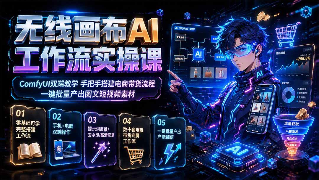 无线画布AI工作流实操课｜ComfyUI双端教学，手把手搭建电商带货流程，一键批量产出图文短视频素材-伊亚库