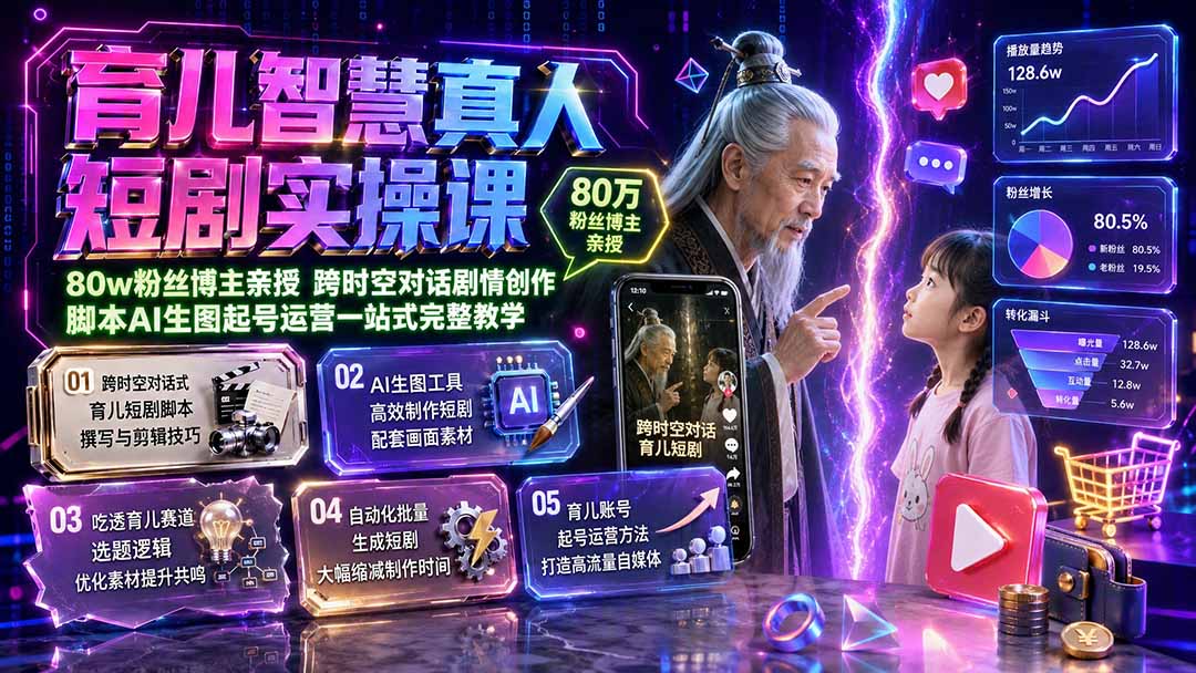 育儿智慧真人短剧实操课｜80w粉丝博主亲授，跨时空对话剧情创作，脚本AI生图起号运营一站式完整教学-伊亚库