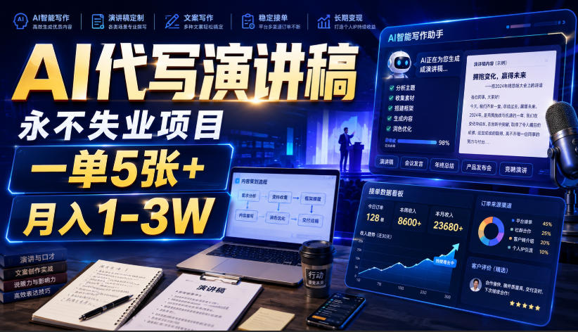 AI代写演讲稿，永不失业项目，一单5张+，月入1-3W【揭秘】-伊亚库