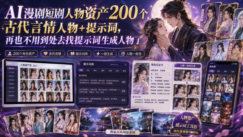 AI漫剧短剧人物资产200个古代言情人物+提示词，再也不用到处去找提示词生成人物了-伊亚库