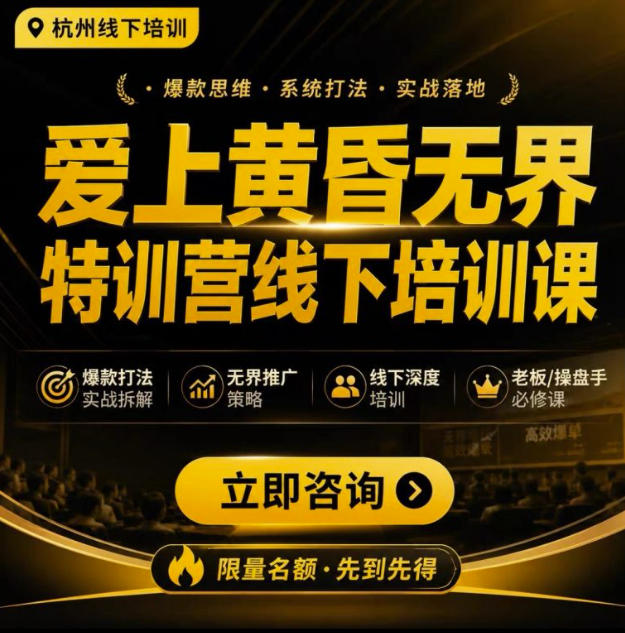 爱上黄昏无界特训营AI推广实战7月27-30杭州线下课，AI落地淘宝最完整的课程，学天猫淘宝的老板必看-伊亚库