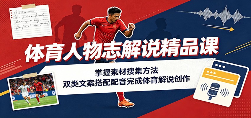 体育人物志解说精品课：掌握素材搜集方法，双类文案搭配配音完成体育解说创作-伊亚库