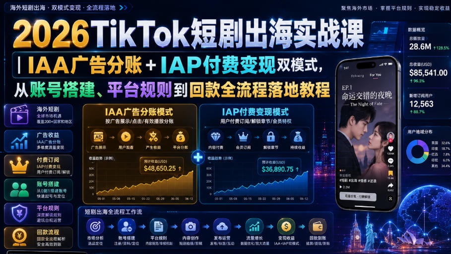 2026TikTok短剧出海实战课｜IAA广告分账+IAP付费变现双模式，从账号搭建、平台规则到回款全流程落地教程-伊亚库