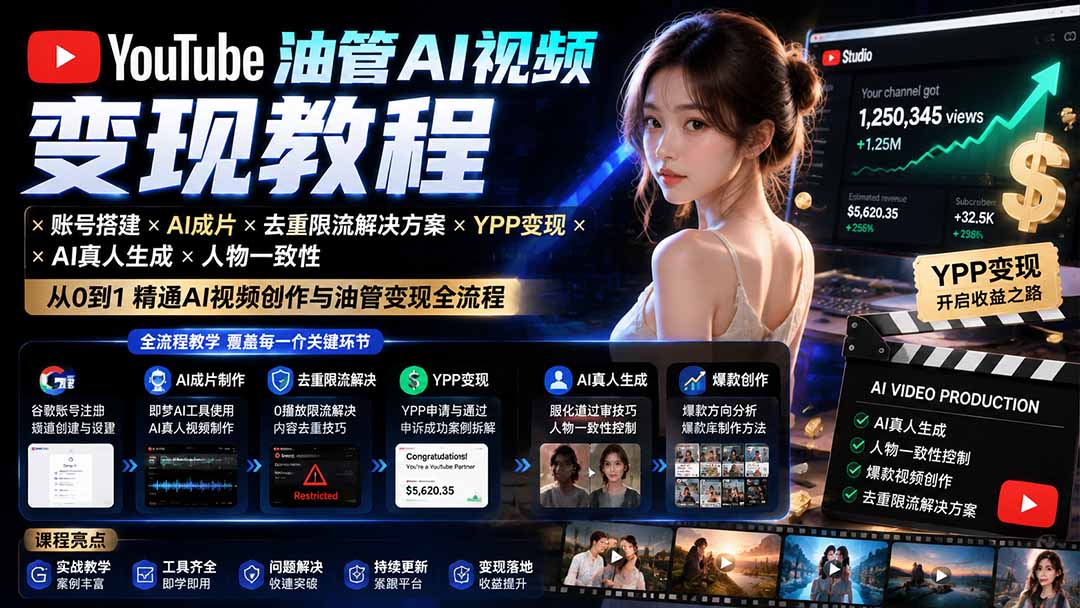 YouTube油管AI视频变现教程：账号搭建×AI成片×去重限流解决方案×YPP变现×AI真人生成×人物一致性-伊亚库
