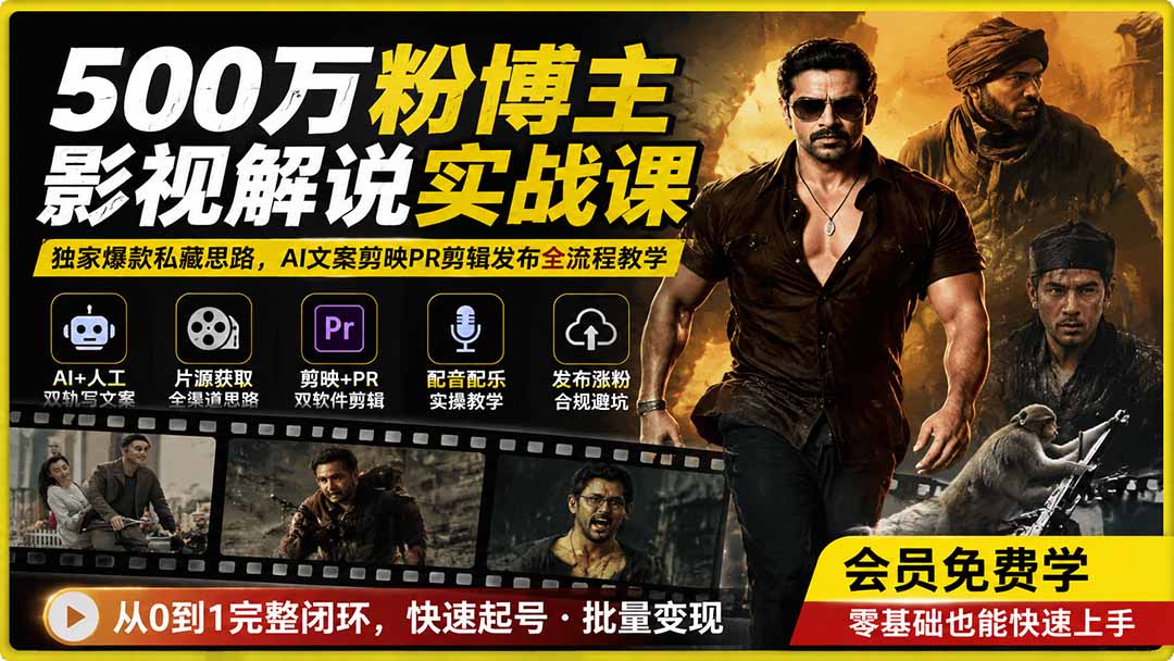 500万粉博主影视解说实战课｜独家爆款私藏思路，AI文案剪映PR剪辑发布全流程教学-伊亚库