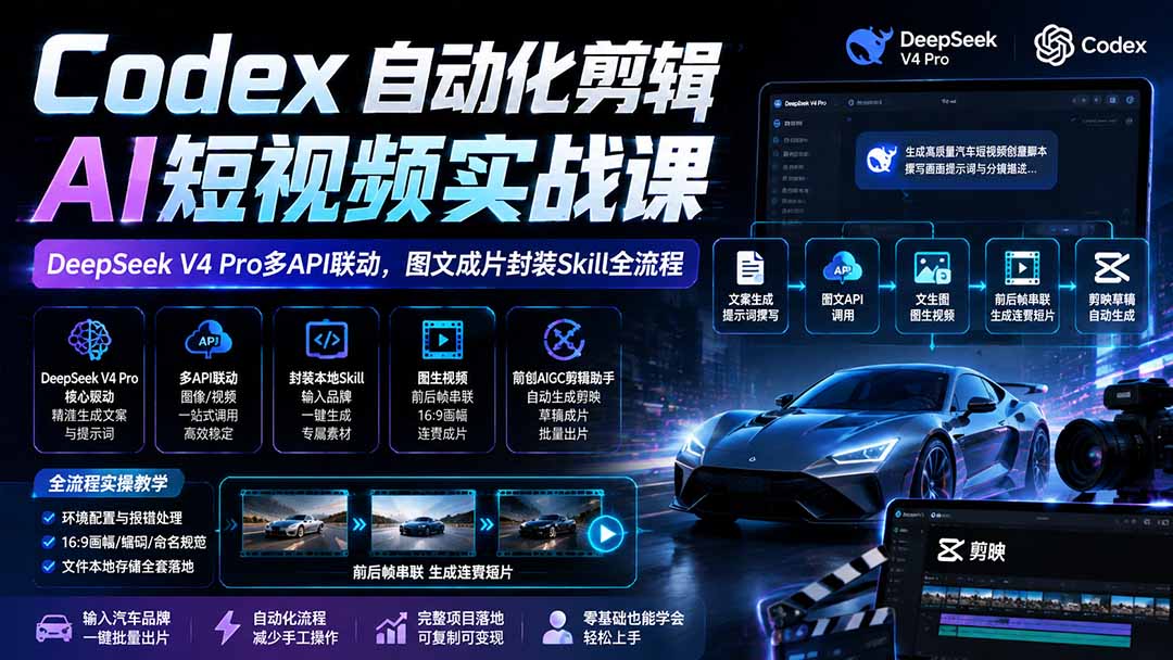 Codex自动化剪辑AI短视频实战课｜DeepSeek V4 Pro多API联动，图文成片封装Skill全流程-伊亚库