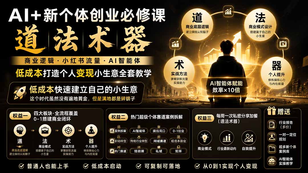 AI+新个体创业必修课｜道法术器｜商业逻辑·小红书流量·AI智能体｜低成本打造个人变现小生意全套教学-伊亚库