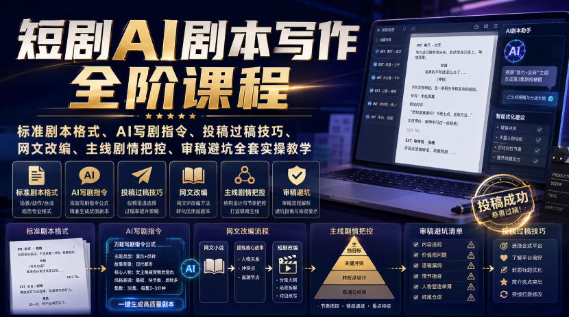 短剧AI剧本写作全阶课程｜标准剧本格式、AI写剧指令、投稿过稿技巧、网文改编、主线剧情把控、审稿避坑全套实操教学-伊亚库