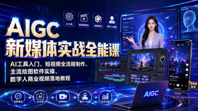 AIGC新媒体实战全能课｜AI工具入门、短视频全流程制作、主流绘图软件实操、数字人商业视频落地教程-伊亚库