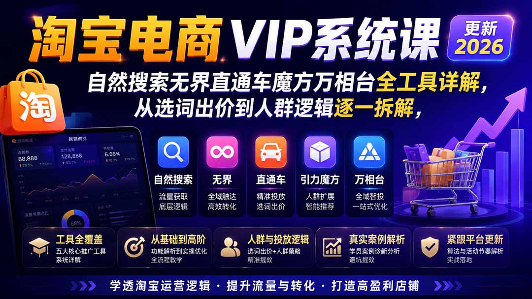 图片[1]-淘宝电商VIP系统课-更新8月；自然搜索无界直通车魔方万相台全工具详解，从选词出价到人群逻辑逐一拆解-伊亚库