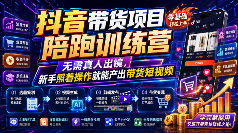 抖音带货项目陪跑训练营，无需真人出镜，新手照着操作就能产出带货短视频(更新0811)-伊亚库