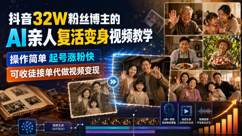 抖音32W粉丝博主的AI亲人复活变身视频教学，操作简单，起号涨粉快，可收徒接单代做视频变现-伊亚库