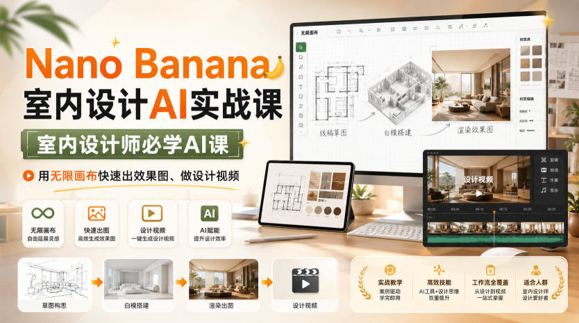Nano Banana室内设计AI实战课，室内设计师必学AI课，用无限画布快速出效果图、做设计视频-伊亚库