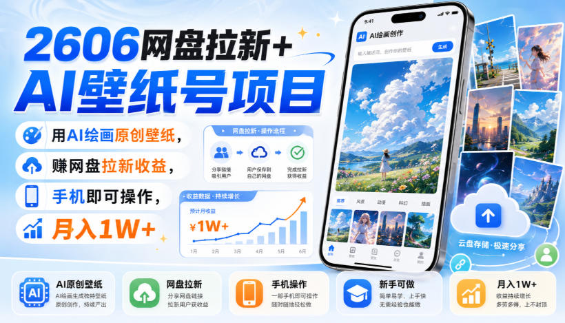 2606网盘拉新+AI壁纸号项目，用AI绘画原创壁纸，賺网盘拉新收益，手机即可操作，月入1W+-伊亚库