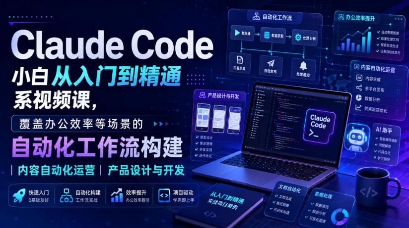 Claude Code小白从入门到精通系视频课，覆盖办公效率等场景的自动化工作流构建|内容自动化运营|产品设计与开发-伊亚库