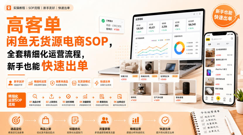 高客单闲鱼无货源电商SOP，全套精细化运营流程，新手也能快速出单-伊亚库