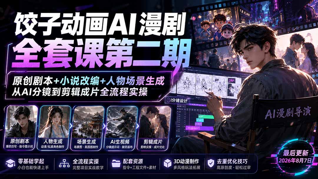 饺子动画AI漫剧全套课第二期：原创剧本+小说改编+人物场景生成，从AI分镜到剪辑成片全流程实操-伊亚库