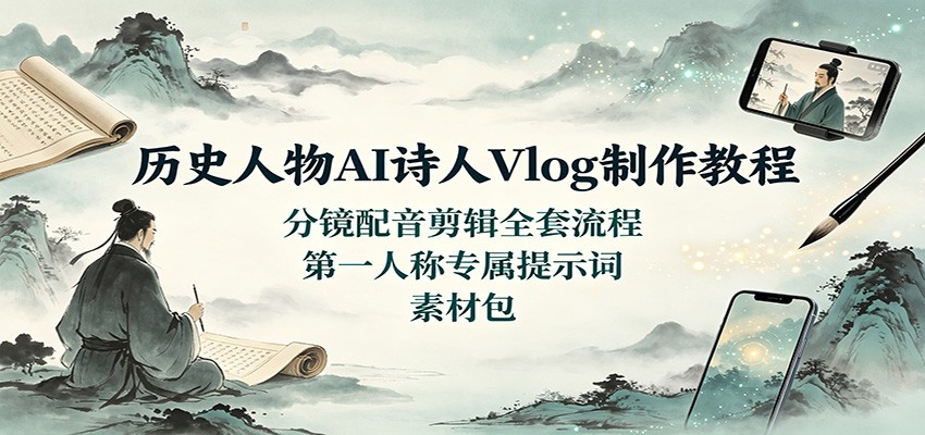 历史人物AI诗人Vlog制作教程：分镜配音剪辑全套流程，第一人称专属提示词素材包-伊亚库
