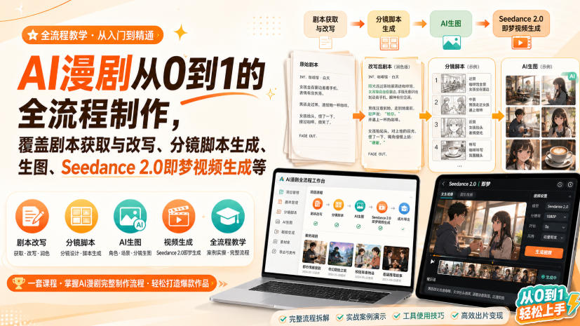 AI漫剧从0到1的全流程制作，覆盖剧本获取与改写、分镜脚本生成、角色场景生图与三视图、Seedance 2.0即梦视频生成(PDF版)-伊亚库