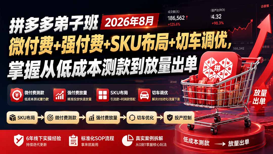 拼多多弟子班2026年8月：微付费+强付费+SKU布局+切车调优，掌握从低成本测款到放量出单-伊亚库
